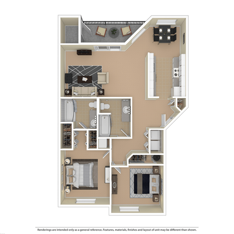 Floor plan for 2 beds, 2 baths, 1042 sqft